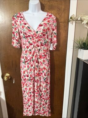 Old Navy Pink Floral Midi Dress with V-Neck and Twist Detail